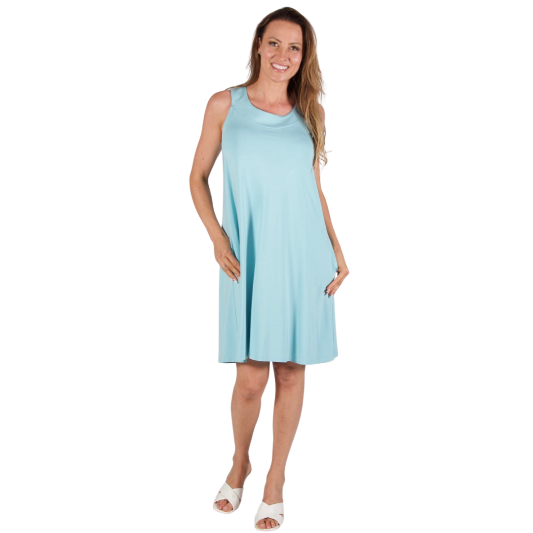 Jaboli Boutique - Fergus Ontario - Pure Essence - Aqua  Coloured Sundress . Bra Friendly Straps  Colours - Aqua, Azalea, Navy, Soft Pink,  Durable, Breathable, Super soft Bamboo  Fit and Flare Styling  Pockets  Pair with Coordinating or Contrasting Bamboo Shrug  Proudly Made In Canada!