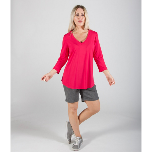 Jaboli Boutique - Fergus Ontario - Pure Essence Essential 3/4 Sleeve V-Neckline Tee Shirt - Colour Azalea (bright fucshia pink) Sustainable Resource Bamboo Rayon/Spandex, Machine Wash Cold Delicate,  Colours - Aqua, Azalea, Denim, Black, White,  Cool Summer Vee Neck,  3/4 Sleeves,  Relaxed Fit,  Hip Length,  Proudly Made In Canada!