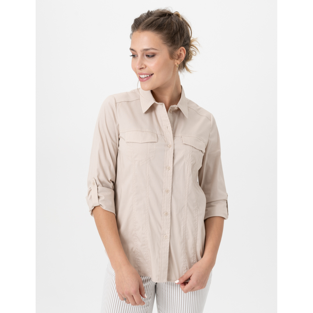 Jaboli Boutique - Fergus Ontario - Renuar - Cashew Blouse. Forever in Style Cotton Blend Button Front Blouse   Colours Cashew, Lavender,  Tab Up Sleeve,  Stretchy,  Use as Jacket or Shirt  Great to Layer  (Not Pictured In Lavender Colour)