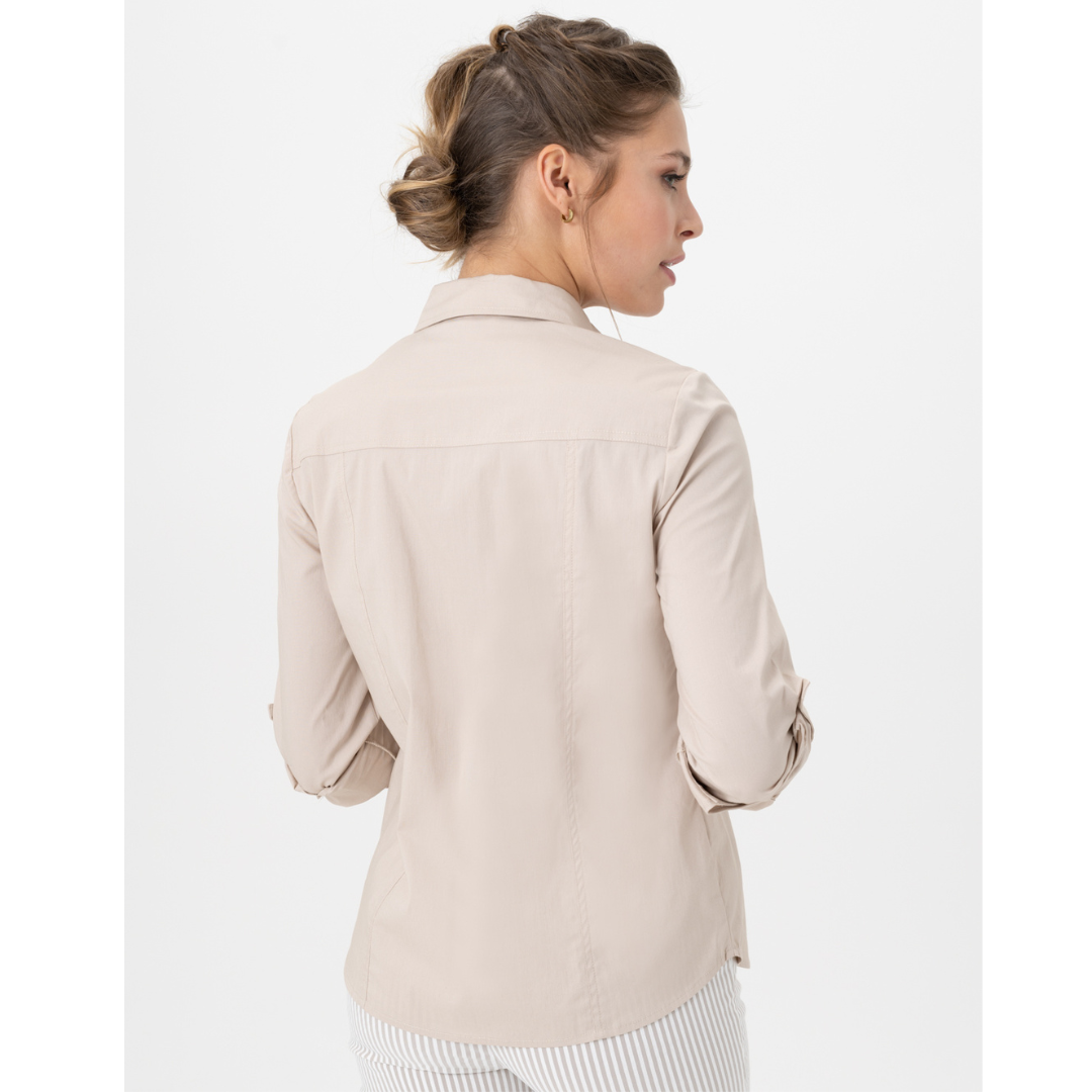 Jaboli Boutique - Fergus Ontario - Renuar - Cashew Blouse. Forever in Style Cotton Blend Button Front Blouse Colours Cashew, Lavender, Tab Up Sleeve, Stretchy, Use as Jacket or Shirt Great to Layer (Not Pictured In Lavender Colour)