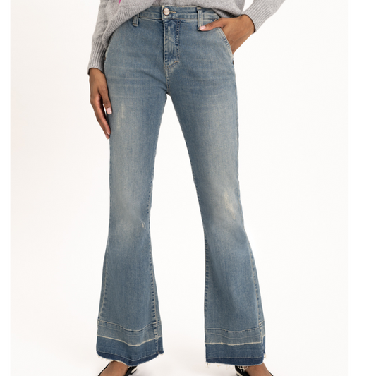 Jaboli Boutique -Fergus Ontario - Renuar - Distressed Flared Denim Jeans. Super Soft Denim Spandex Flared Jean  Blue Wash  4 pocket  Fly Front  Inseam 31"  Leg ankle opening 19"