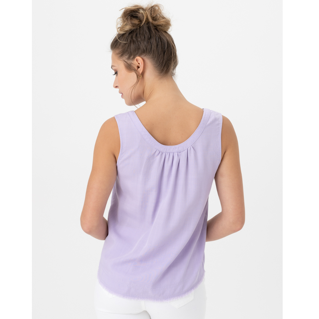  Jaboli Boutique - Fergus Ontario - Renuar - Lavender Fringe Hem Camisole. Relaxed Cami Top Colours - White, Lavender, Relaxed Fit, Tencel is Light Weight Breathable Fabric, Button Detail at Front