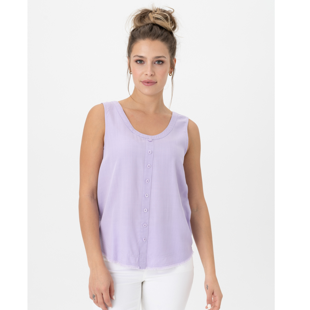 Jaboli Boutique - Fergus Ontario - Renuar - Lavender Fringe Hem Camisole. Relaxed Cami Top Colours - White, Lavender, Relaxed Fit, Tencel is Light Weight Breathable Fabric, Button Detail at Front