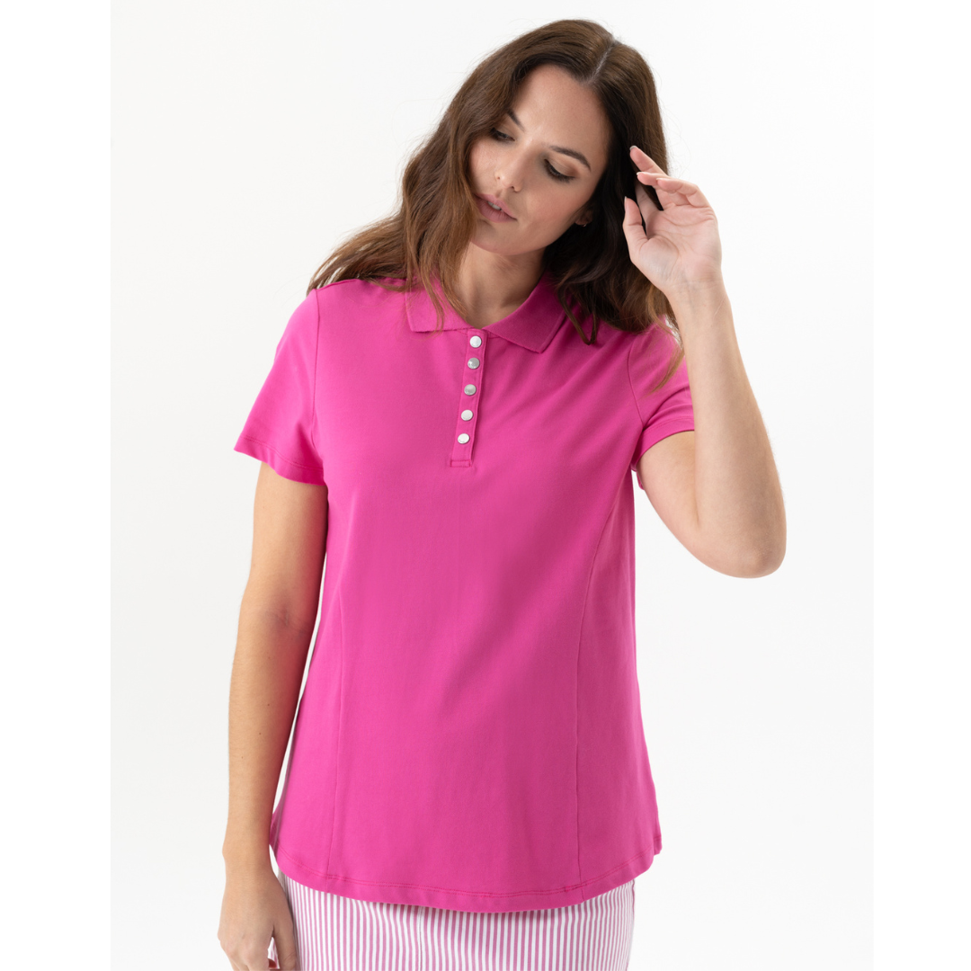 Jaboli Boutique - Fergus Ontario - Renuar - Playtime Polo Shirt. The Renuar Playtime Polo Shirt is the perfect addition to your sporty wardrobe. Crafted from a cotton/spandex blend, it features a collar and front button placket and short sleeves. Available in Lollipop, Evergreen (dark mint green), and White shades, it provides you with a comfortable and stylish look.