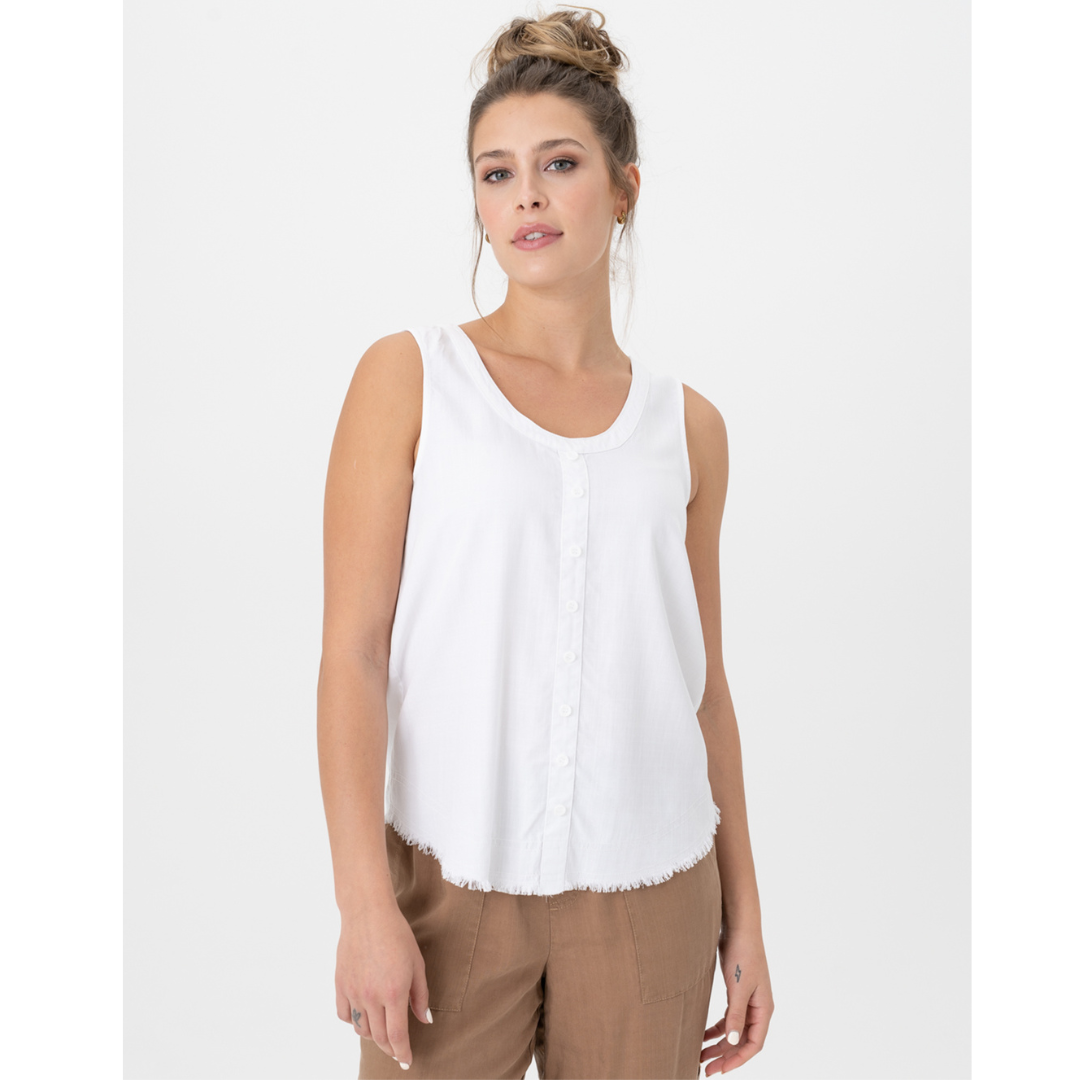 Jaboli Boutique - Fergus Ontario - Renuar - White Fringe Hem Camisole. Relaxed Cami Top  Colours - White, Lavender,  Relaxed Fit,  Tencel is Light Weight Breathable Fabric,  Button Detail at Front