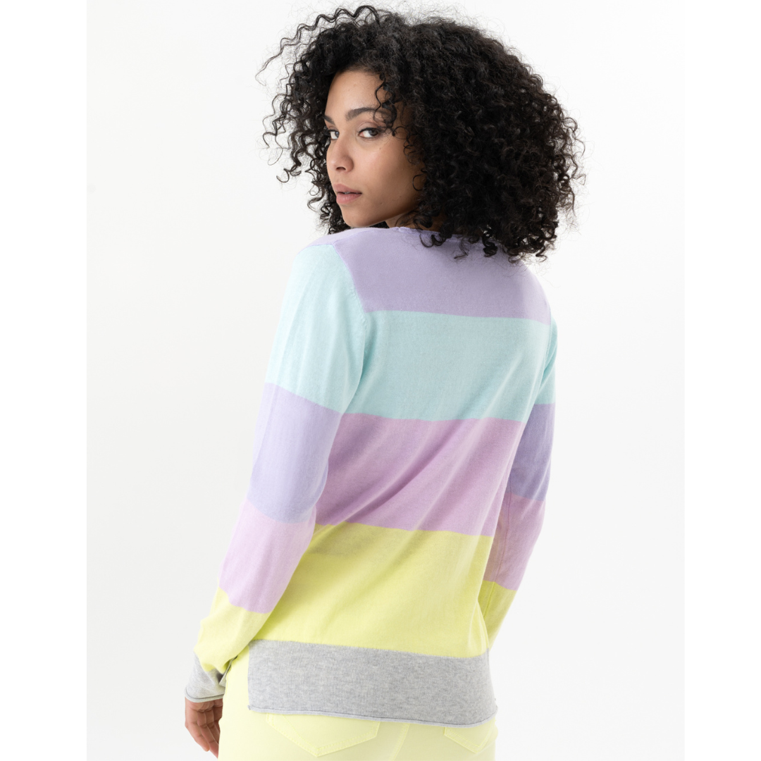 Jaboli Boutique -Fergus Ontario - Honeydew Stripe Sweater. Colourful Wide Band Stripes in this 100% Cotton Sweater Colours - Turquoise, Very Peri and Honeydew Long Sleeves Relaxed Fit Perfect Spring/Summer Addition to Any Wardrobe!