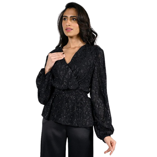 Jaboli Boutique - Frank Lyman - Black Peplum Blouse - V Neck, Wrap Style Bodice, Lined  Shirred Waist  Flattering Gathered Peplum Over the Hip,  Sheer Long Sleeve With Gathering At The Cuffs  Lurex Silver Thread Woven Througout Black Chiffon Fabric.  Perfect Top For A Special Occasion.