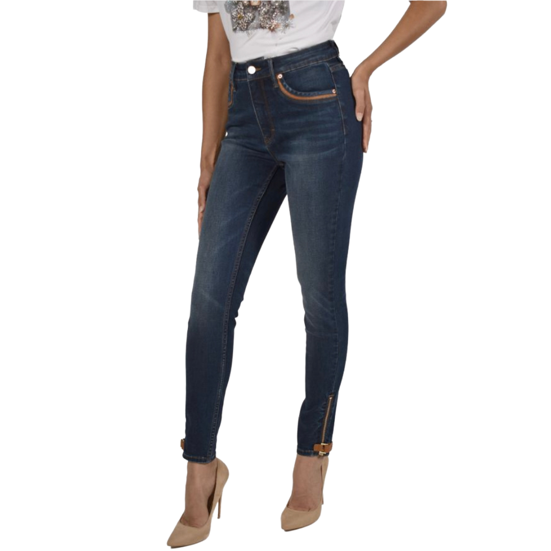 Jaboli Boutique - Frank Lyman - Faux Leather Trim Jeans. High Rise, Fly Front, Slim Fit, Dark Denim  Caramel Faux Leather Trim On All 5 Pockets  Zip Detail at Ankle with Faux Leather Trim Accent