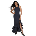 Jaboli Boutique - Frank Lyman - Navy Gown. Classic Midnight Blue Floor Length Gown  Scoop Neckline  Sleeveless  Fitted Bodice  Aline Skirt with Weighted Ruffle Hi-Low Hemline  Perfect MOTB Fancy Dress!  Proudly Made In Canada!