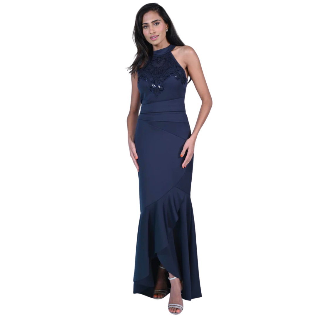 Jaboli Boutique - Frank Lyman - Navy Halter Floor Length Dress. Dark Navy Sequined Halter Gown,  Banded Fitted Waist,  Ruffled Sculpted Hemline,  Maxi Length,  Great Mother of the Bride/Groom Gown!