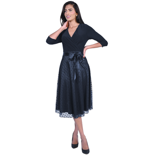 Jaboli Boutique - Frank Lyman - Navy Polka Dot Dress. A-Line,V Neck Jersey Bodice Party Dress  3/4 Sleeves  Fitted to the Waist  Full Skirt with Polka Dot Gossamer over Jersey  A Gorgeous Special Occasion Dress!  Proudly Made In Canada! 