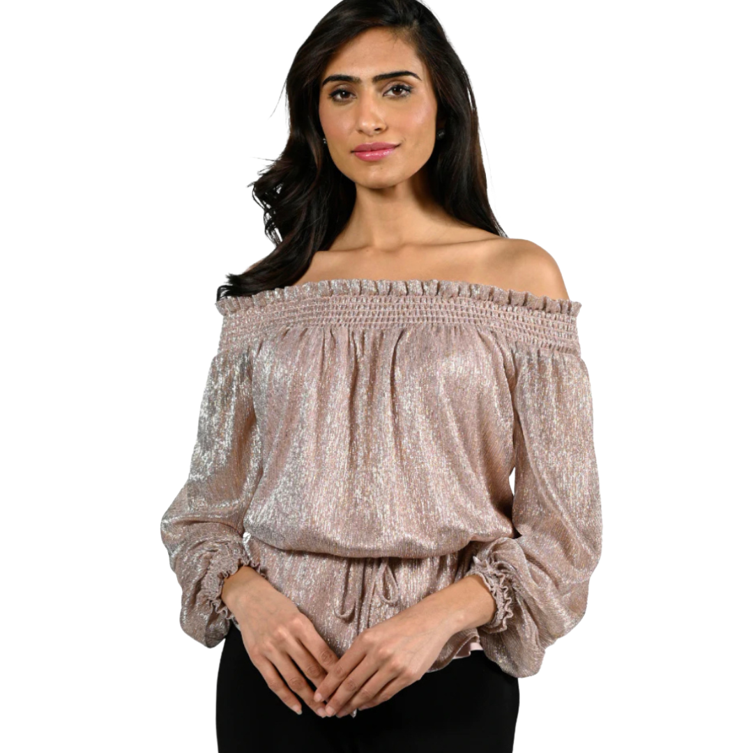 Jaboli Boutique - Frank Lyman - Bluach Top With Peplum. Rose Gold Shirred Collar Top, On or Off the Shoulder  Drawstring Waist with Tie  Shirred Waist  Flattering Gathered Peplum Over the Hip,  Long Sleeves Shirred Cuff