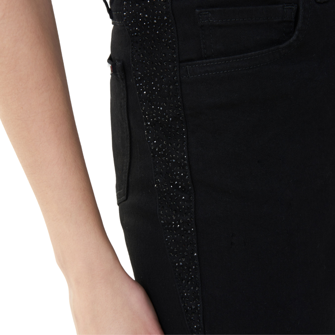 Jaboli Boutique - Joseph Ribkoff - Black High Rise Jeans With Subtle Sparkle Detail on Hip and Hem. Hi-low Frayed hemline