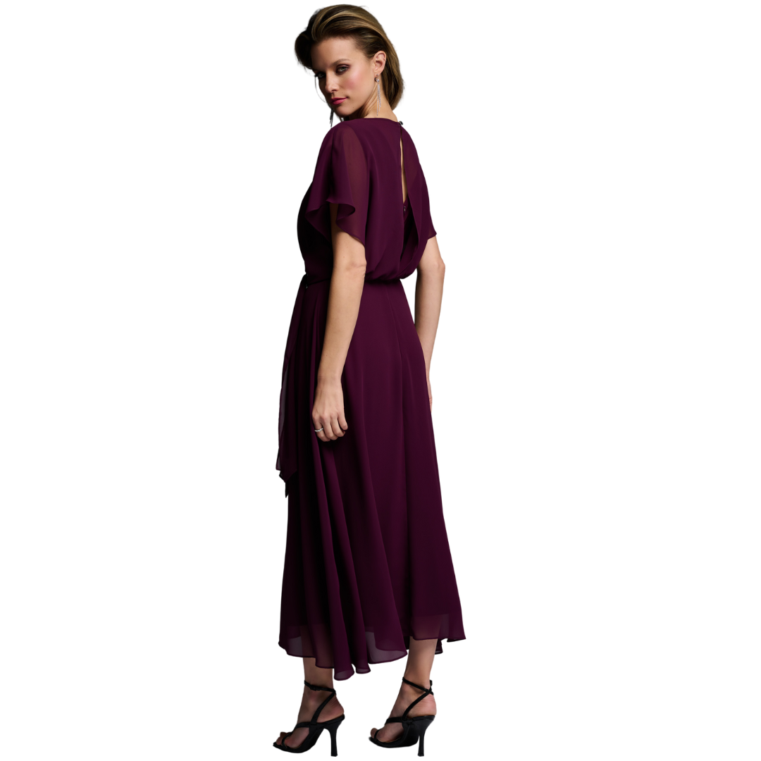 Jaboli Boutique - Joseph Ribkoff - Dress In Colour Mulberry. Fully Lined Party Dress with a Chiffon Overlay Colour - Rainforest Green, Mulberry Flutter Sleeves, Blouson Top Silver Buckle Accent at Waist Full Skirt Maxi Length Proudly Made In Canada!