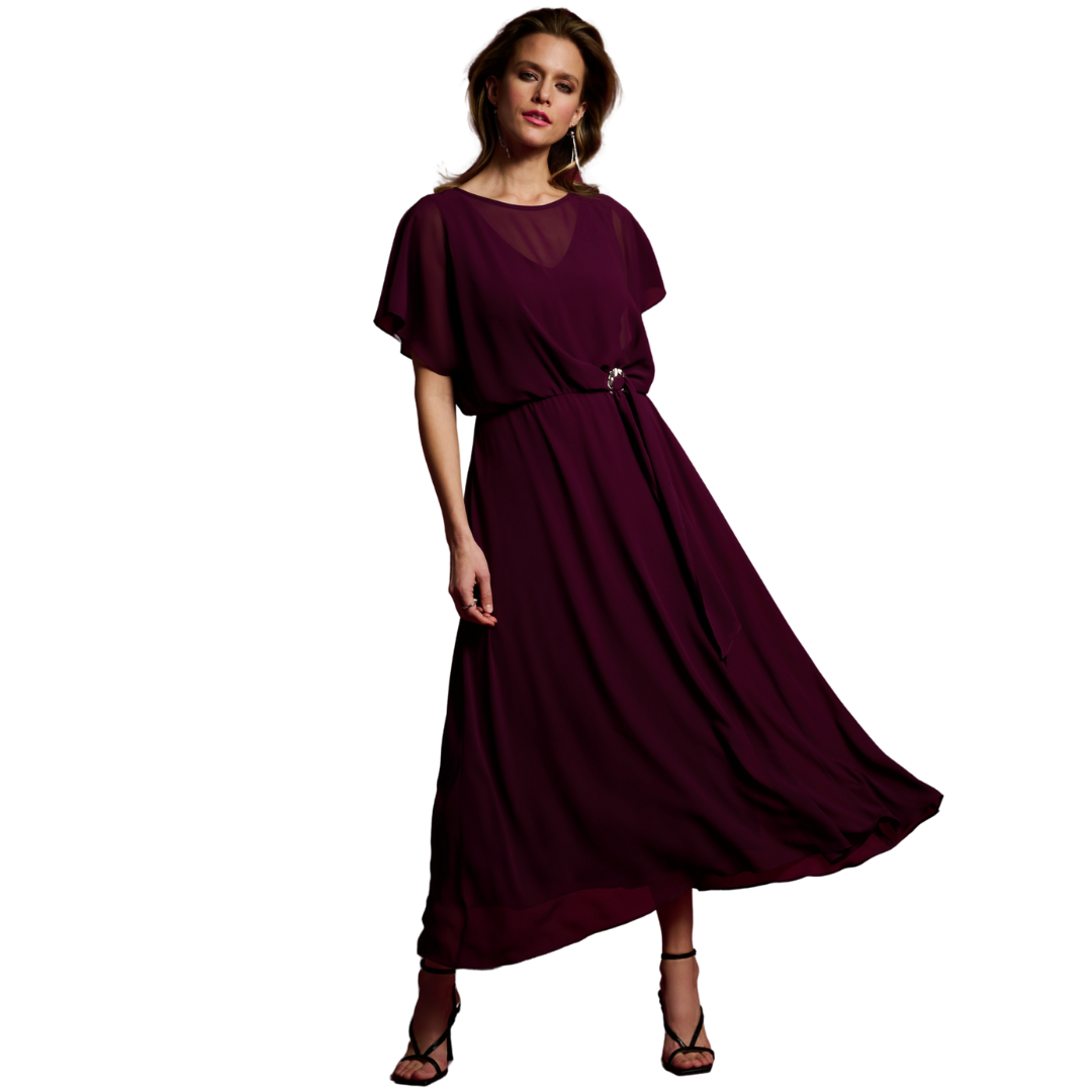 Jaboli Boutique - Joseph Ribkoff - Dress  In Colour Mulberry. Fully Lined Party Dress with a Chiffon Overlay  Colour - Rainforest Green, Mulberry  Flutter Sleeves,  Blouson Top   Silver Buckle Accent at Waist  Full Skirt  Maxi Length  Proudly Made In Canada!