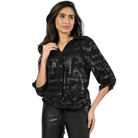 Jaboli Boutique Fergus Ontario - Frank Lyman - Black Sequin Blouse With Subtle Gold/Taupe Writing Pattern. The Pefect Party Blouse.  Black/Taupe Sequined.   Button Front.  Tie/Tuck Waist Creates An Effortless Blouson Look.  Relaxed Fit.