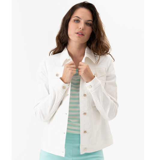 Jaboli Boutique - Fergus Ontario - Renuar - White denim Jacket. Collared Stretch Denim Jacket.   Colour - Creme   Stretchy for Comfort of Movement,  Button Front  Waist Length