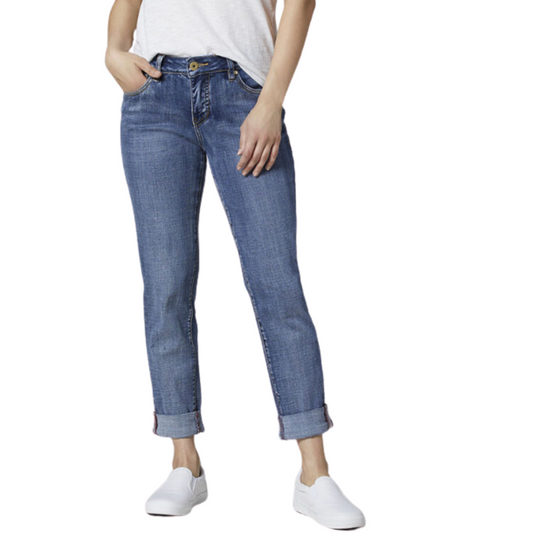Jaboli Boutique - Fergus Ontario - Jag Denim - Jeans. Boyfriend Cut - Relaxed Straight. 70% Cotton, 25% Recycled Polyester, 3% Viscose, 2% Elastane,  Machine Wash Cold, Inside Out,  Colours - Vintage Blue Denim,   Mid Rise,  Ease and Comfort Through Hip and Thigh,  Perfectly Relaxed Silhouette,  Classic 5 Pocket Styling