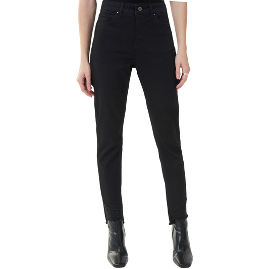 Jaboli Boutique - Joseph Ribkoff - Black High Rise Jeans With Subtle Sparkle Detail on Hip and Hem. Hi-low Frayed hemline